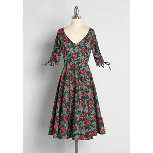 Decking The Halls Green Floral Fit-and-Flare Dress with V-Neck